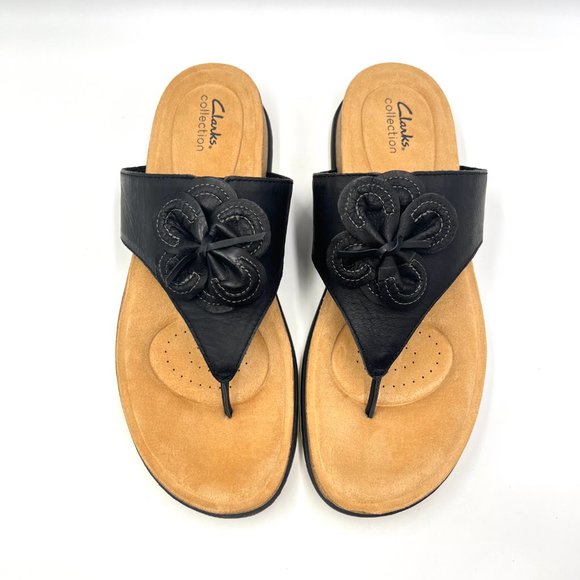 Clarks Womens Size 12 Brynn Style Black Leather Slip On Floral Sandals Shoes - Picture 3 of 13